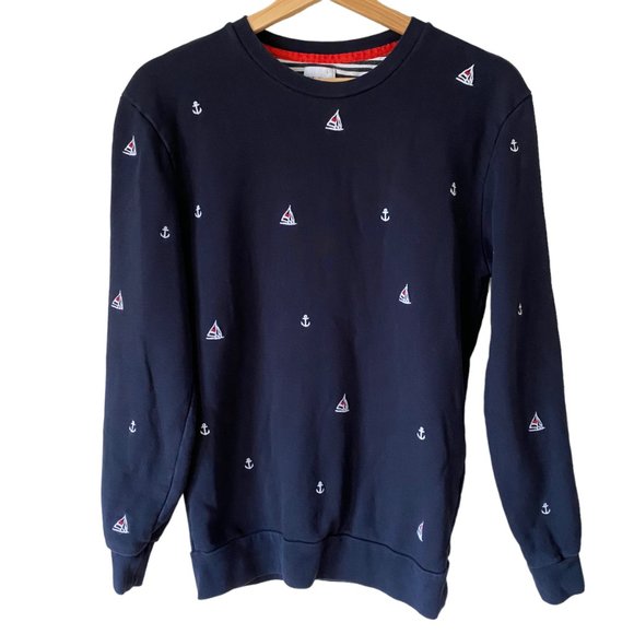 Zara Navy Blue Crewneck Sweatshirt Sailboats Anchors Preppy Classic Summer Sm - Picture 1 of 14